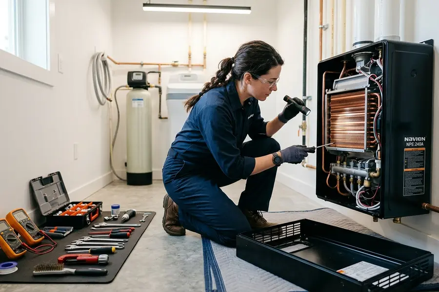 Water Heater Jockey plumber servicing a tankless water heater in Waterford
